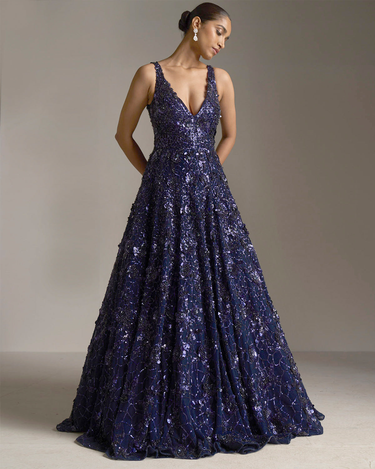 Buy Navy Blue Stonework Net Designer Gown - Koskii